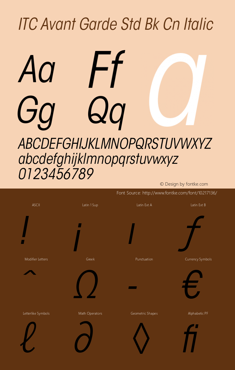 ITC Avant Garde Std Bk Cn Italic Version 2.031;PS 002.000;hotconv 1.0.50;makeotf.lib2.0.16970 Font Sample