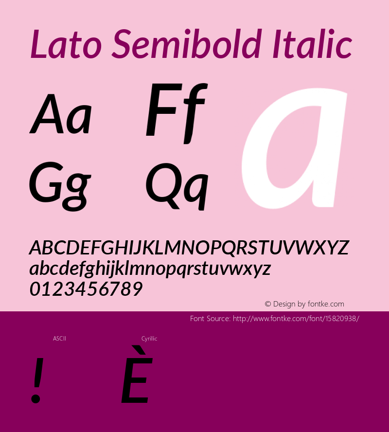 Lato Semibold Italic Version 2.010; 2014-09-01; http://www.latofonts.com/; ttfautohint (v1.4.1) Font Sample