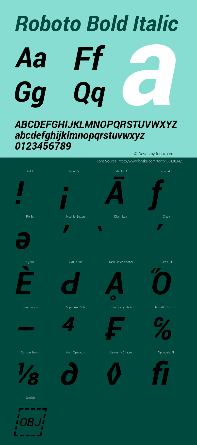 Roboto Bold Italic Version 1.100141; 2013 Font Sample