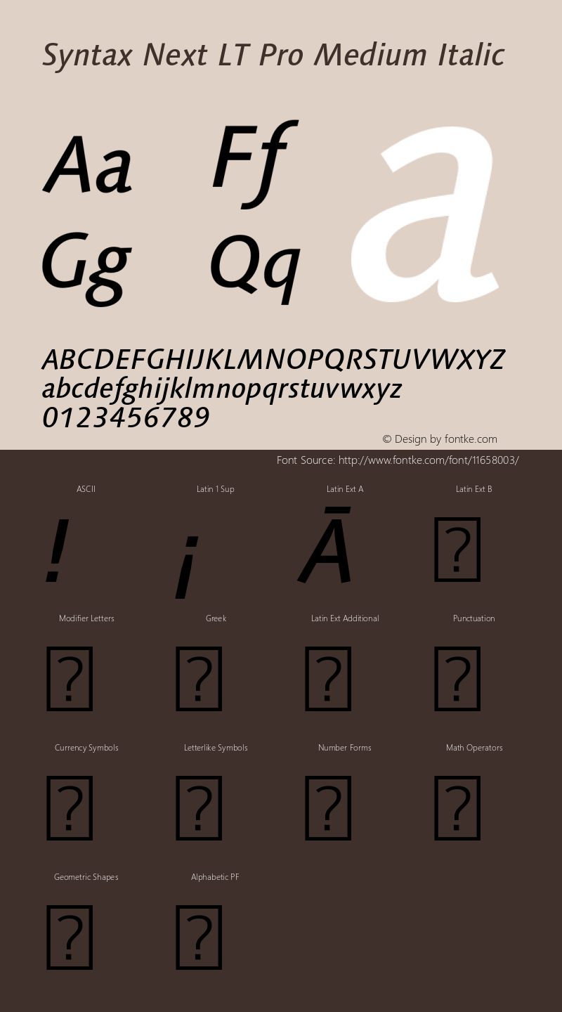 Syntax Next LT Pro Medium Italic Version 2.00 Font Sample