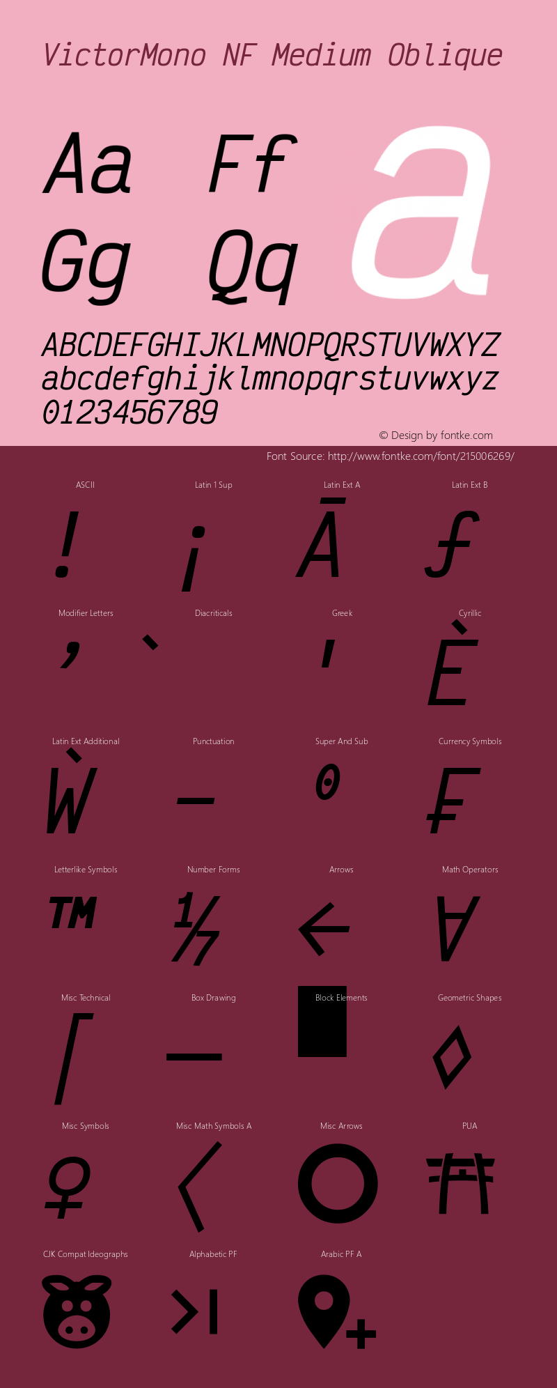 Victor Mono Medium Oblique Nerd Font Complete Windows Compatible Version 1.410;Nerd Fonts 2.1.0图片样张