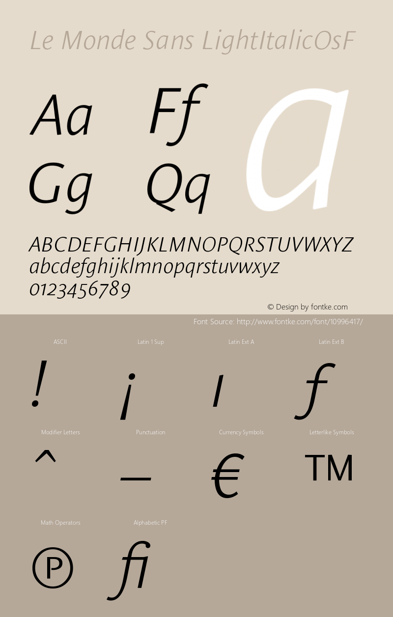 Le Monde Sans LightItalicOsF Version 001.000 Font Sample