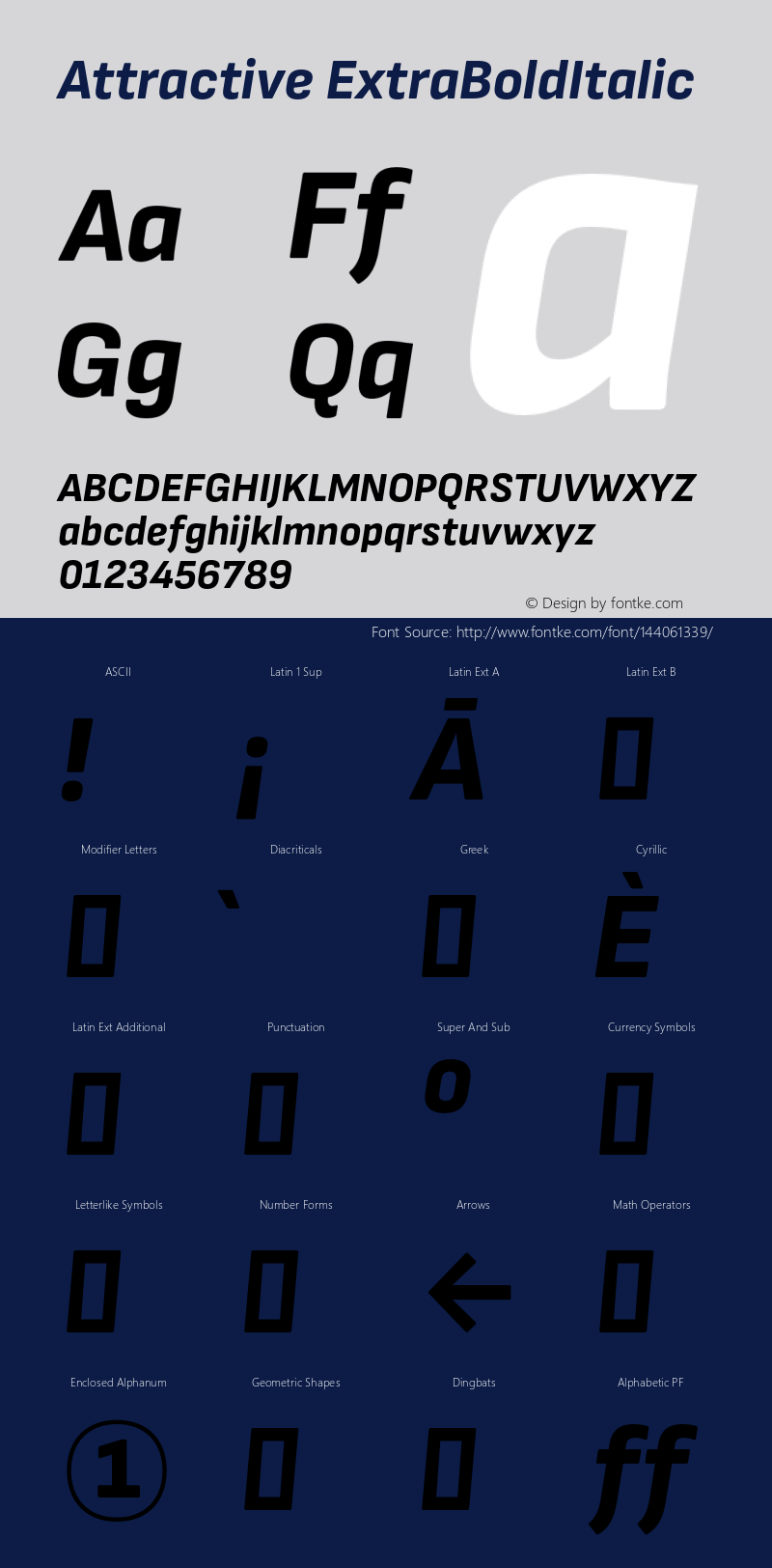 Attractive ExtraBoldItalic Version 3.001;PS 003.001;hotconv 1.0.88;makeotf.lib2.5.64775 Font Sample