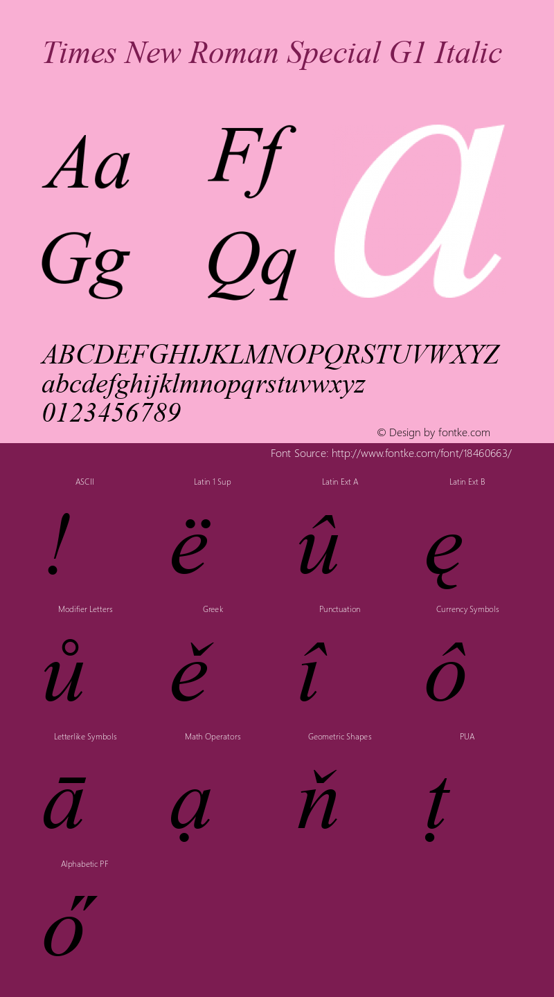 Times New Roman Special G1 Italic Version 1.03 Font Sample