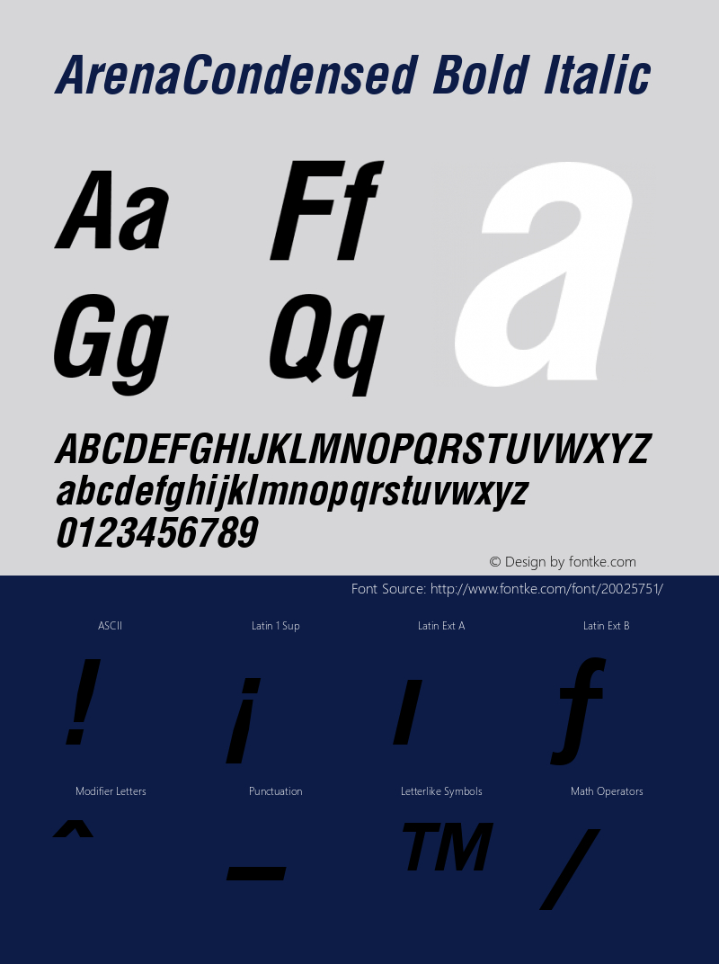 ArenaCondensed Bold Italic Altsys Fontographer 3.5  1/2/96 Font Sample